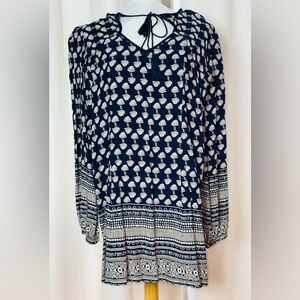 Band of Gypsies BOG Seashells Mini Dress Small Boho Smock Tie Closure Navy Blue